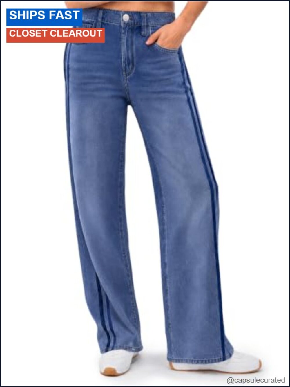 Wide Leg Side Striped High Waisted Stretchy Denim Jeans Loose Fit